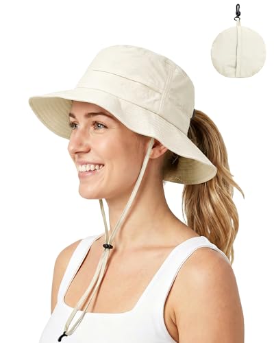 Womens Ponytail Sun Hat Packable UPF50+ Waterproof Bucket Hat Hiking Fishing Safari Hat Foldable Beach Hat - color: Begie