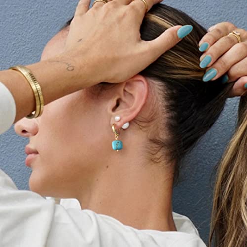 Gold Plated Huggie Hoop Earrings with Charms Fashion Pearl Drop Dangle Earrings for Women Handmade Karma Circle Jewelry for Ladies Lightweight Pearl Earrings on Christmas - color: turquoise-blue