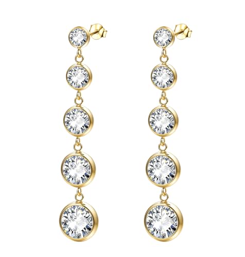 Women's Long Sparkly Dangle Earrings Hypoallergenic Stainless Steel 14K Gold Plated Lightweight CZ Statement Studs - color: Gold
