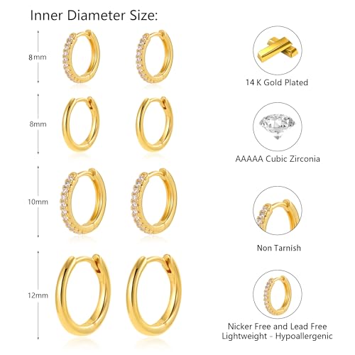 4 Pair Small Gold Hoop Earrings for Women Sensitive Ears - Hypoallergenic 14k Real Gold Plated Hoops Zirconia Cartilage Huggie Earrings Set Helix Piercing Earring Gold Jewelry for Women Gift - color: 01-4 Pair Gold