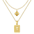 KELORIS PATH Layered Initial Necklaces for Women, 18K Gold Plated Stainless Steel Necklaces Set with Dainty Four Leaf Clover Square Cutout Letter Pendant, Fashion Jewelry for Gifts - style: T Letter