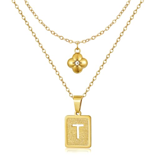 KELORIS PATH Layered Initial Necklaces for Women, 18K Gold Plated Stainless Steel Necklaces Set with Dainty Four Leaf Clover Square Cutout Letter Pendant, Fashion Jewelry for Gifts - style: T Letter
