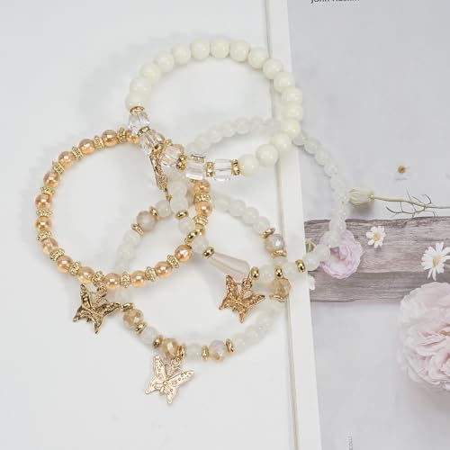 Bohemian Bracelet Sets for Women - 4-Pack Stackable Stretch Bead Bracelets with Black＆White Crystal & Gold Accessories, Multi-Layer Boho Jewelry - color: white butterfly