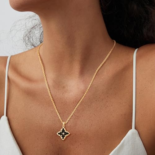 Fettero Gold Clover Necklace for Women Dainty 14K Gold Plated CZ Pendant Necklace Adjustable Chain Choker Charm Colorful Clover Pendant Lucky Necklaces for Women Jewelry - color: Black Onyx