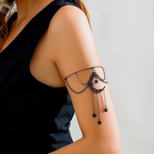 Dainty Black Upper Arm Cuff Bracelet for Women, Gothic Halloween Sexy Lace Harness Armlet Adjustable Upper Arm Chain Bangle Arm Band for Women - color: Moon