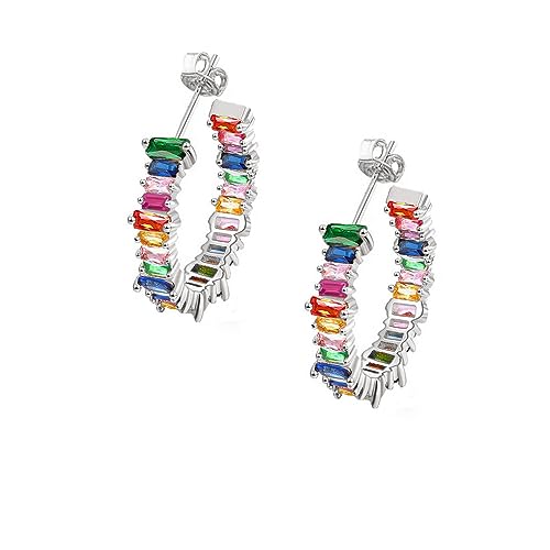 Savlano 14K Gold Plated Cubic Zirconia Multicolor Rainbow Round Hoop Stud Earrings for Women Comes with a Gift Box - color: White Gold