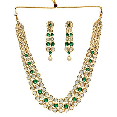 Aheli Indian Bollywood Style Wedding Faux Kundan Necklace with Earrings Set Ethnic Bharatanatyam jewellery set Gift for Women - color: Green & Gold