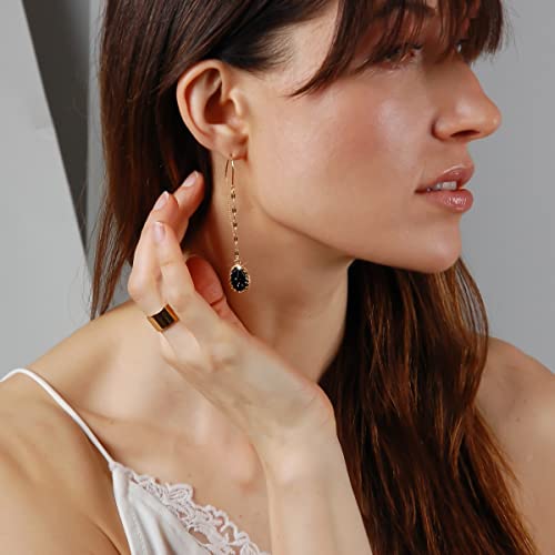 Simulated Druzy Threader Earrings for Women - Gold, Silver, or Rose Gold Tone Long Chain Earrings with Boho Created Geode Stone - color: Gold - Black Stone
