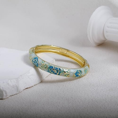 Vintage Flower Cuff Bangles Gold Plated Cloisonne Chinoiserie Peony Floral Elegant Bracelet Gifts For Women - color: green blue