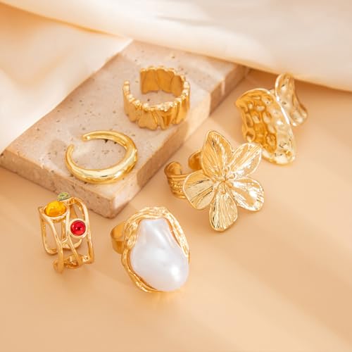 6Pcs Gold Flower Crystal Chunky Knuckle Rings Stacked for Women, Statement Stack Zirconia Hammered Geometry Irregular Baroque Pearl Open Ring Jewelry Gift - color: Gold