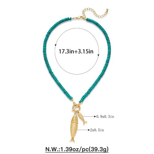 Gold Fish Necklace For Women Blued Beaded Strand Toggle Necklace With Gold Fish Pendants Dainty Summer Beach Turquoise Jewelry - style: Chubby Fish