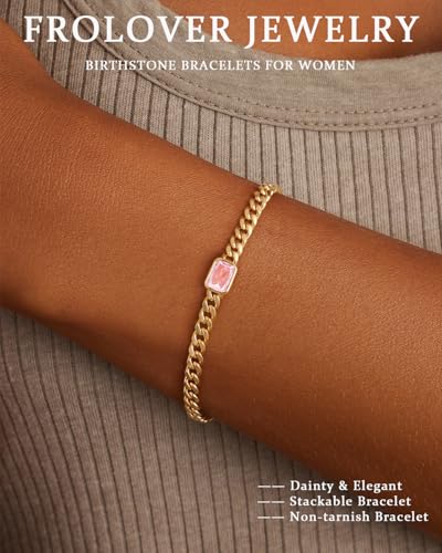 Birthstone Gold Bracelets for Women Non Tarnish Trendy 14k Gold Plated Bracelet Dainty Charm Emerald Bracelets Stack Cuban Link Friendship Bracelets Jewelry Gifts for Birthday/Valentine's Day - color: 10. October(Tourmaline)
