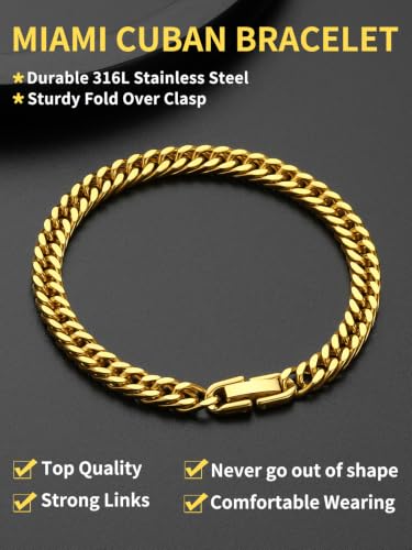 ChainsHouse Stainless Steel Cuban Link Bracelet, 8mm/12mm/17mm Width, 7.5"/8.3"/9", 18K Gold Plated Chain Wrist Bracelets for Men Women, Send Gift Box - color: M: Gold-6mm width