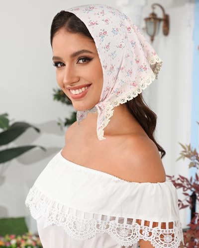 AWAYTR 3Pcs Hair Bandanas Head Kerchief for Women Girls Tie-Back Boho Hair Scarf Headband Bandana Triangle Head Scarf - color: Flower - White / Pink / Blue