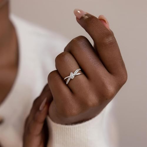 FISSEN JEWELRY Gold Rings for Women, Non Tarnish Dainty 14k Gold Plated Silver CZ Cross Ring Cute Cubic Zirconia Pinky Thumb Stackable Band Silver Finger Rings Size 6-10 Jewelry for Her - color: Silver Diamond Knot