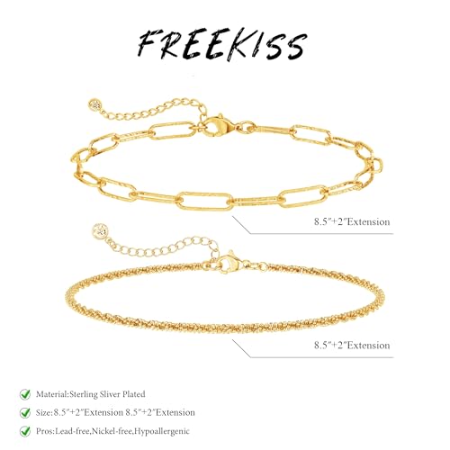 Freekiss Sterling Silver Ankle Bracelets for Women: Dainty Layered Waterproof Anklet for Women Adjustable Womens Anklet Set Stackable Figaro Beaded Cuban Link Anklets Beach Jewelry for Women - color: 2 Layered Anklet Paperclip-GD