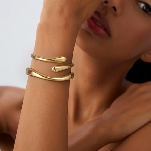Gold Bracelets for Women Trendy, 18K Gold Plated Bangle Bracelet Set Chunky Twist Cuff Gold Bracelet Non Tarnish Waterproof Jewelry Gifts for Women - color: Gold-3PCS