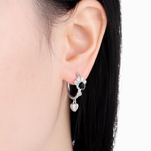 925 Sterling Silver Dangle Earrings for Women, Butterfly&Bee Animals Design, Hypoallergenic Jewelry gifts - color: Black and white paw print heart-shaped earrings
