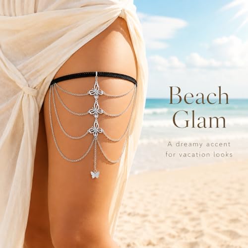 Butterfly Leg Chain for Women Green Butterfly Thigh Jewelry Lace Garter Body Chain Fairy Festival Party Outfit Accessory Gift - color: Silver
