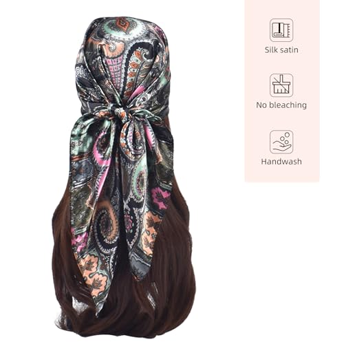 35 Inches Silk Head Scarf-Satin Hair Scarves Silk Bandana Scarf Headscarf for Women's Fashion Scarves - color: Cashews With Buddha-black