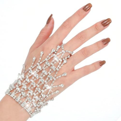 Chain Ring Bracelet Rhinestone Hand Chain Bracelet Silver Fingerless Gloves Jewelry Silver Metallic Glove Sparkle Wedding Hand Chains, Masquerade Glove Rhinestone Bracelets for Women