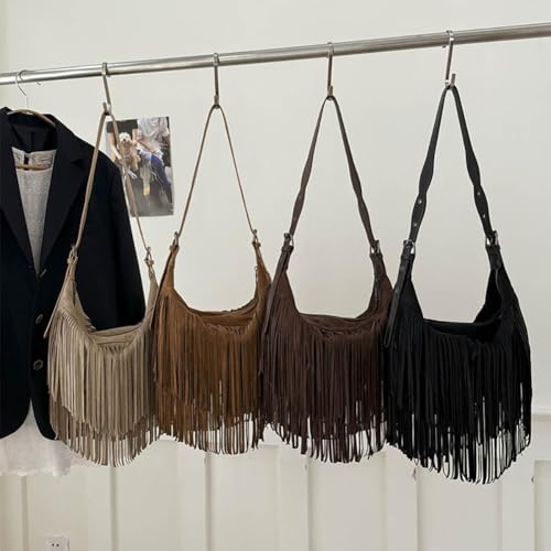 Fringe Genuine Suede Leather Hobo Bag Adjustable Crossbody Shoulder Bag Boho Retro Tassel Handbag Gift Box - color: Khaki