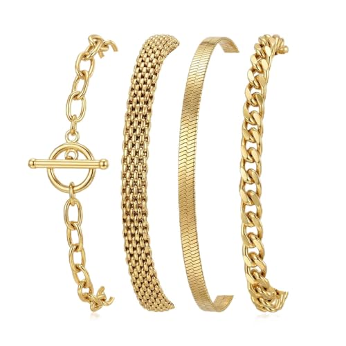 RINHOO Gold Chain Bracelets Set for Women - Trendy Paperclip Snake Link Layered Bracelets 18K Gold Plated Stainless Steel Stackable Wrist Jewelry Aesthetic Preppy Gifts - style: Gold-Style 1