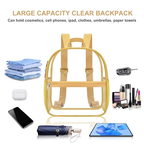Oraben Clear Backpack Stadium Approved, 12 x 6 x 11 in, Small Transparent Backpack for Concerts, Sports Events, Festivals, Travel, Waterproof PVC, Adjustable Straps, Women Men - color: Gold, style: Nylon Shoulder Straps