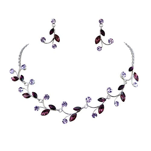 Faship Gorgeous Rhinestone Crystal Floral Necklace Earrings Set - color: Purple