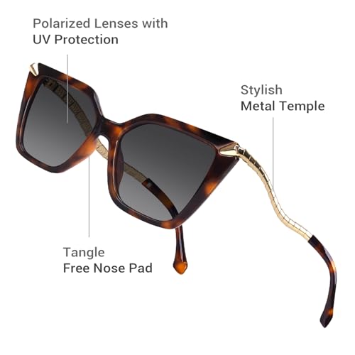 DrRelax Big Square Sunglasses Womens Retro Polarized Sun Glasses with Metal UV 400 Protection - color: Tortoise/ Gradient Grey