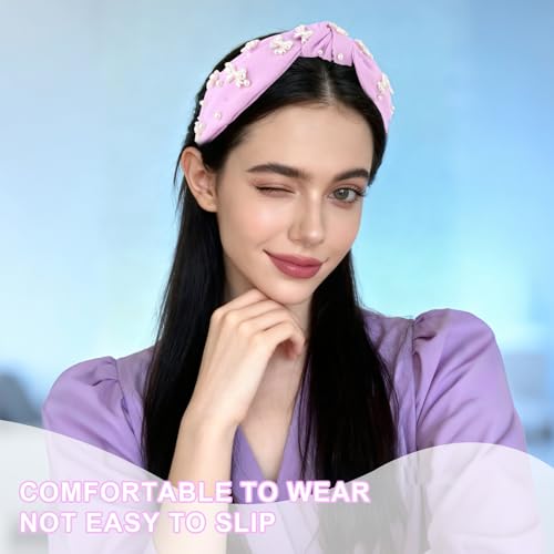 Purple Headband Bow Pearl Knotted Headbands for Women Girls Cute Fashion Wide Headbands for Women Non Slip Hairbands Head Bands for Women's Hair Bow Hair Accessories - color: Purple-03