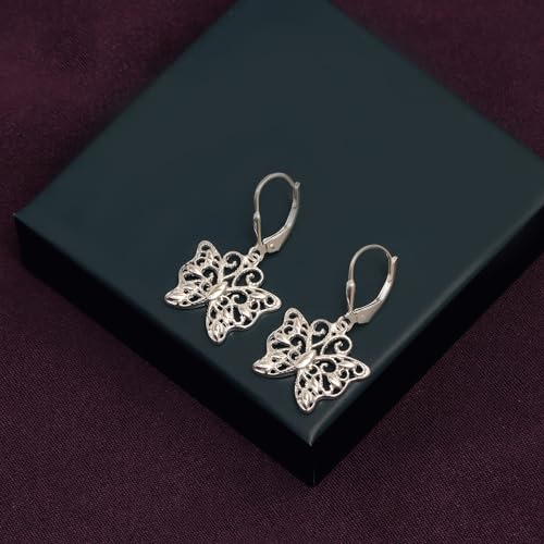 LeCalla 925 Sterling Silver Leverback Drop Earrings | Lightweight Italian Teardrop Dangle Earring for Women - color: Butterfly Filigree Drop