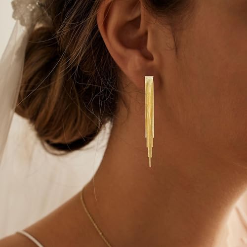 Gold Earrings for Women Trendy, Simple Dainty 14K Gold Plated Paperclip Square Chain Link Dangle Hoops Earrings Pin Stud Huggie Earrings Lightweight Hypoallergenic Minimalist Aesthetic Gold Jewelry for Christmas Gifts - color: tassel earrings-E