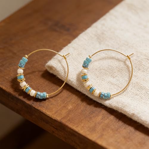 Natural Stone Beaded Hoop Earrings for Women, Boho Handmade Lightweight Hypoallergenic Trendy Summer Beach Accessories Fashion Jewelry Gift - color: Teal