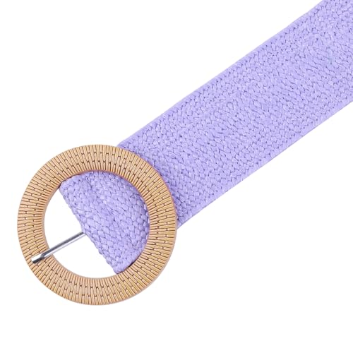 Women's Cotton and Linen Style Plastic Straw Braided Belt Circle Buckle for Dresses - color: Purple