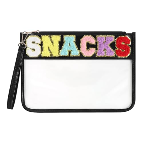 Clear Snack Bag for Travel, Chenille Letter Clear Zipper Snacks Pouch Nylon Cosmetic Bag Makeup Travel Bag for Women - color: Black