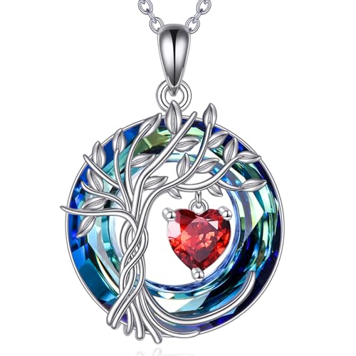 POPLYKE Mothers Day Gifts for Mom Her Wife Tree of Life Necklace 925 Sterling Silver Birthstone Pendant with Crystal Anniversary Birthday Wedding Jewelry for Women - color: 01-Jan-Garnet, style: White Gold Plated-Blue Crystal