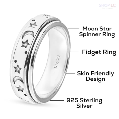 Shop LC 925 Sterling Silver Spinner Fidget Ring for Women Men | Anxiety Ring | Moon Star Design | Platinum Plated | Stress Relief Worry | Promise | Boho Jewelry Gift - color: A Moon Star, size: 5