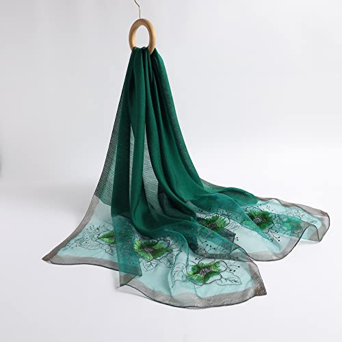 WINCESS YU Women Mulberry Silk Scarf Long & Large Embroidered Floral Pattern Shawl and Wraps Neckerchief for Hair & Neck - color: Sunflower Green