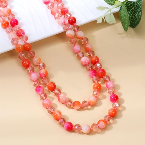 Long Beaded Necklace for Women Boho Colorful Crystal Stone Knot Statement Fashion Costume Jewelry Gifts - color: Pink Peach