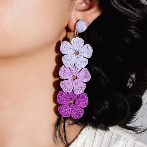 Boho Flower Earrings Statement Raffia Dangle Earrings Cute Floral Jewelry Trendy Summer Beach Vacation Outfits for Women - color: Purple-2