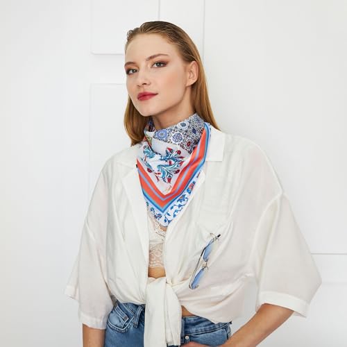 dscarf Womens Neck Scarf 21"x21" Small Square | Headband Scarf Ethnic Bandana Head Scarf Flowering Breathable Lightweight - color: Blue Design 2