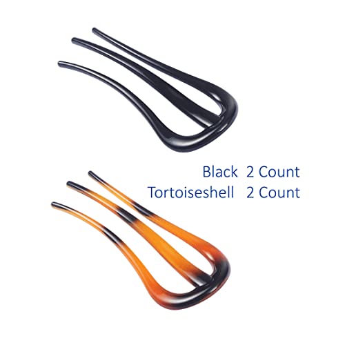 French Hair Forks Tortoise Shell W Shape Updo Hair Pins Clips for Thin Thick Hair, 3.5 inch Classic 3 Prong Bun Hair Sticks Chignon Women Vintage Hairstyle Accessories, 4 Count.