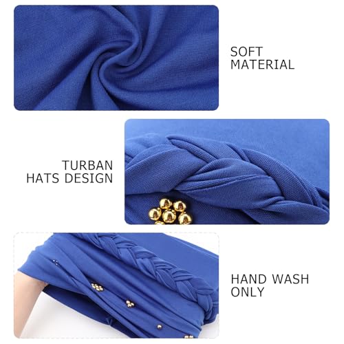 African Women Turban Caps Pre-Tied Twisted Turbans Head Scarf for Women Hair Wraps Cover Beanie Cancer Chemo Headwear - color: 1 Pack Twisted Braid: Gold Bead Blue