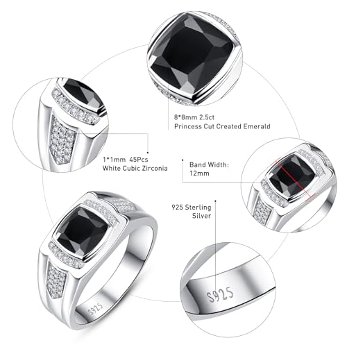 Yaresul 8 * 8mm 2.85CT 925 Sterling Silver Mens Gemstone Ring Princess Cut Created Black Onyx|Sapphire|Emerald|Ruby Mens Wedding Band Engagement Ring Pave CZ W/AAA Size 6-13 - color: Created Onyx