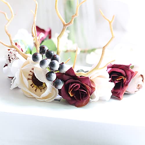 Vivivalue Deer Flower Crown Women Flower Headband Hair Wreath Floral Headpiece Halo Boho with Ribbon Wedding Party Prom Photos - color: Z