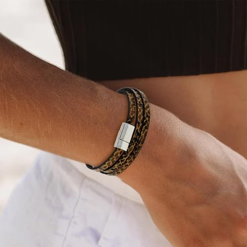 Long tiantian Leather Wrap Bracelet for Men Vintage Brown Leather Cuff Bracelet Adjustable Minimalist Western Style Wristband Casual Fashion Jewelry Gift for Him - color: leopard