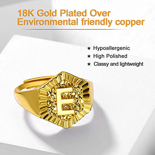 U7 Initial Ring Wedding Band for Men Women 18K Gold Plated Statement Hexagon A-Z Letter Jewelry Personalized Stackable Signet Rings - color: E