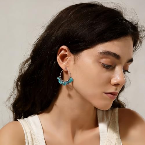 Boho Earrings for Women Natural Stone Beaded Handmade Vintage Dangle Earrings Bohemian Lightweight Hypoallergenic Jewelry for Dailywear Festival Occasions - color: Turquoise hoop