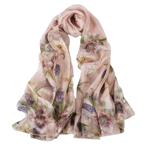 100% Mulberry Silk Women's Neck Silk Scarf-Lightweight Shawl,FLoral Print Beach Silk Wrap-Scarves for Photography - color: Dusty Pink